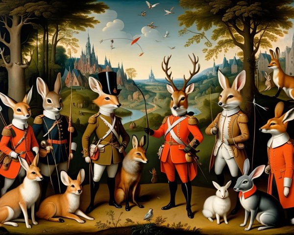 Whimsical Scene of Animals in Military Attire
