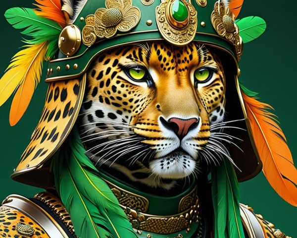 Regal leopard with green and gold ceremonial headdress