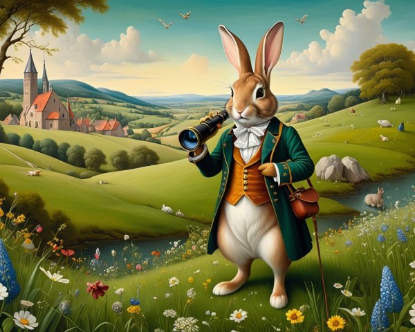 Stylish Rabbit with Telescope in Idyllic Landscape