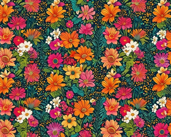 Vibrant Floral Pattern with Colorful Blossoms and Leaves