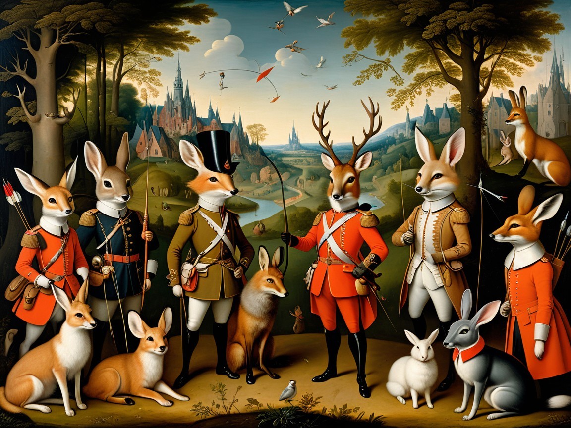 Whimsical Scene of Animals in Military Attire