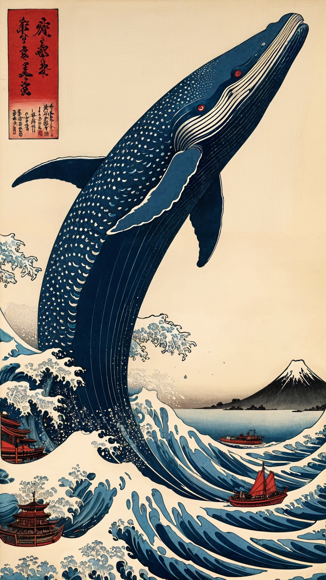 Traditional Japanese Print of Whale and Mount Fuji