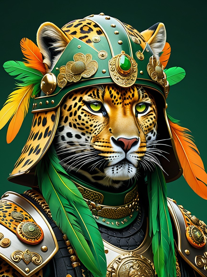 Regal leopard with green and gold ceremonial headdress