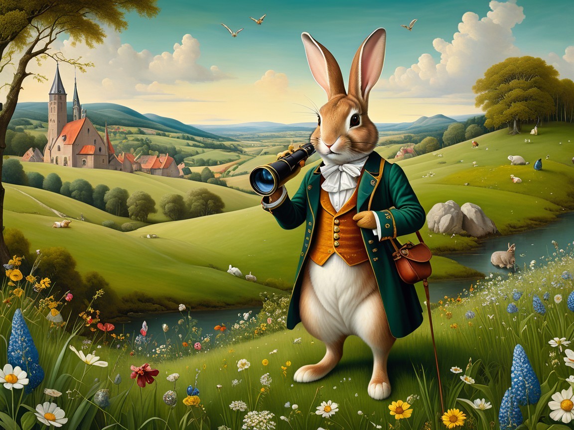 Stylish Rabbit with Telescope in Idyllic Landscape