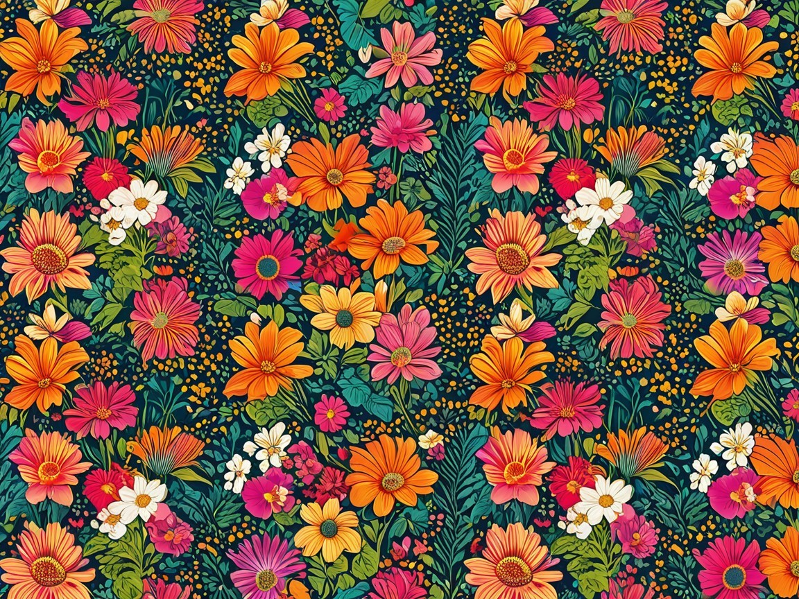 Vibrant Floral Pattern with Colorful Blossoms and Leaves