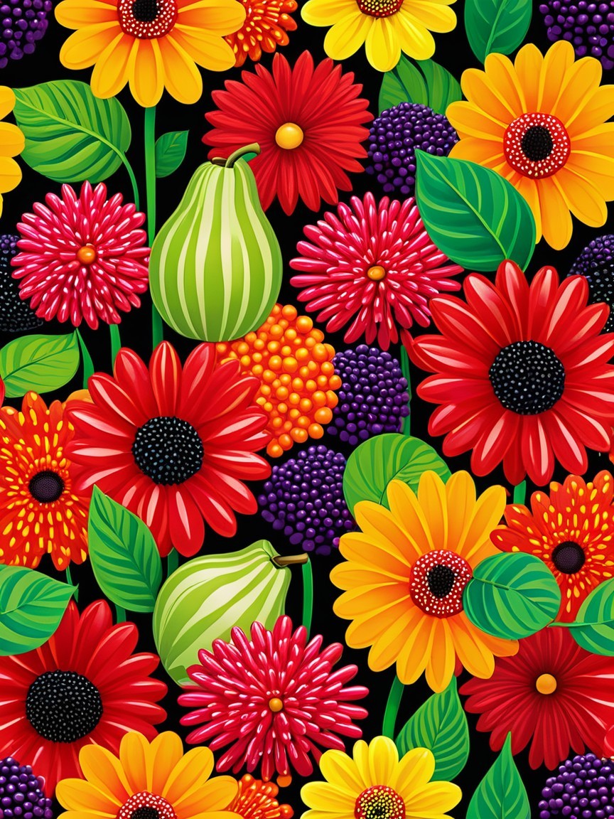 Vibrant Floral Pattern with Bright Colors and Gourds