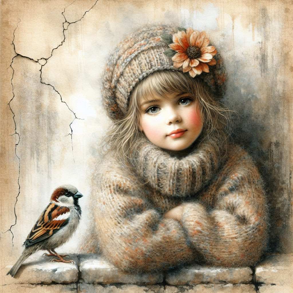 Young girl in oversized sweater with sparrow by wall