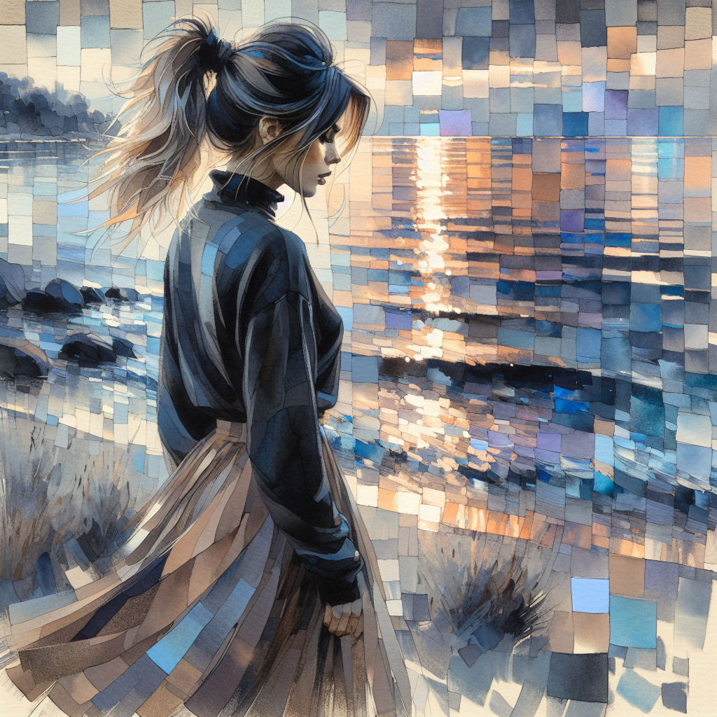 Serene Coastal Scene with Young Woman at Sunset