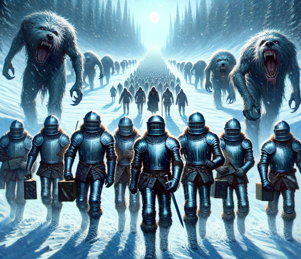 Armored Knights and Creatures in a Snowy Landscape