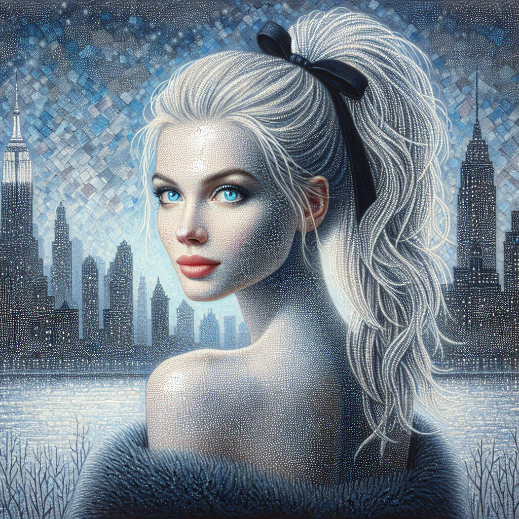 Blonde Woman in Blue Fur Shawl by New York Skyline