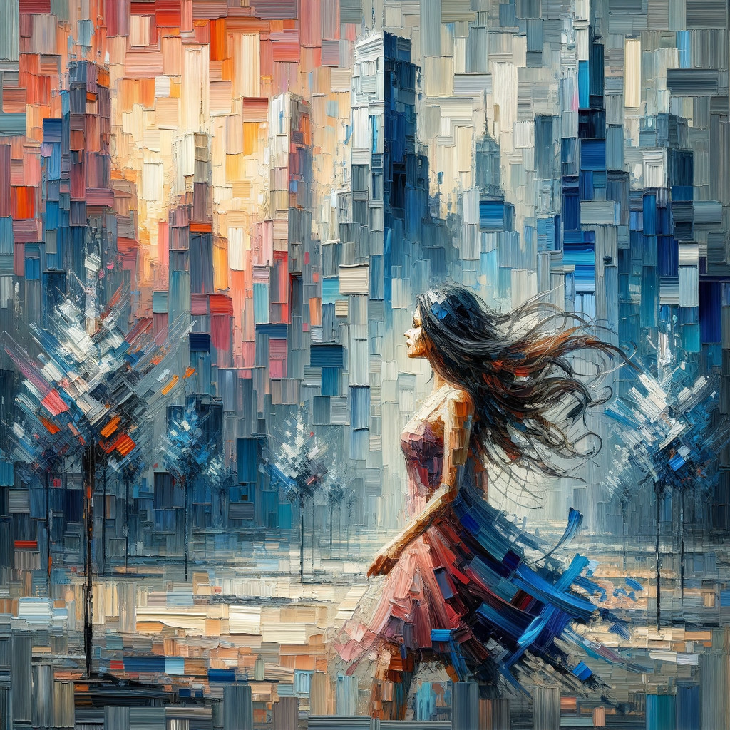 Impressionistic Scene of Woman in Colorful Cityscape