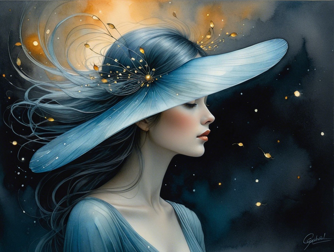 Serene Woman in Elegant Blue Hat Against Dark Backdrop