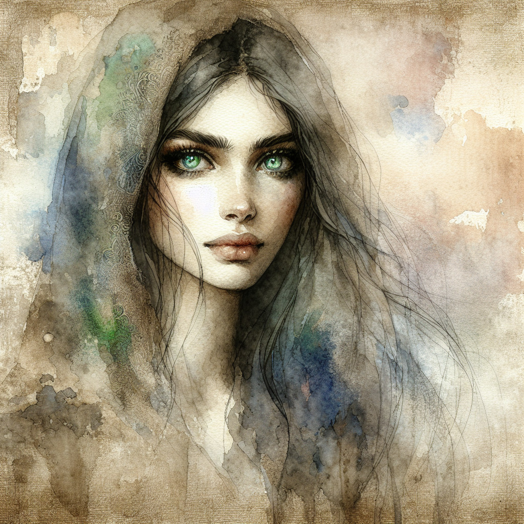 Portrait of a Young Woman with Green Eyes and Hood