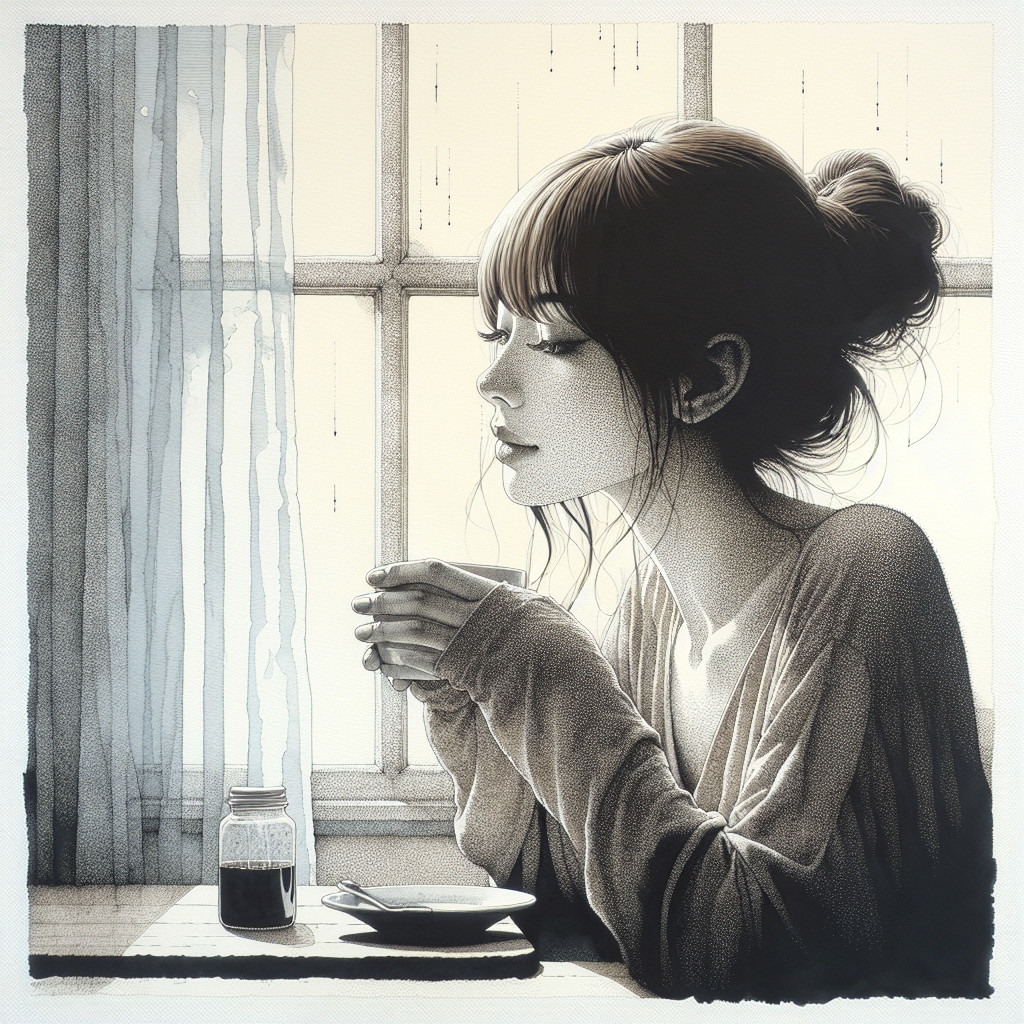 Pointillism Drawing of Woman with Coffee by Window