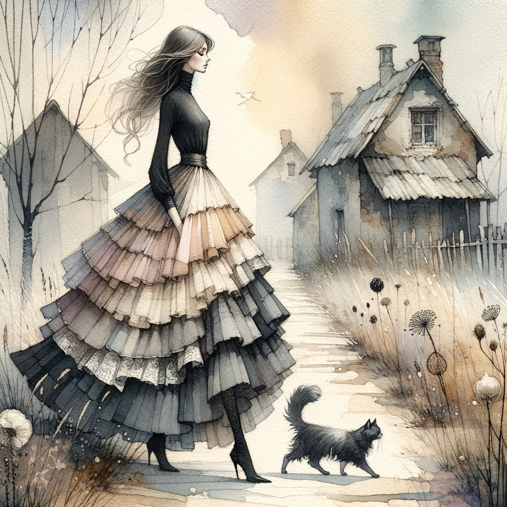 Woman in Multi-Layered Skirt Strolling in Countryside