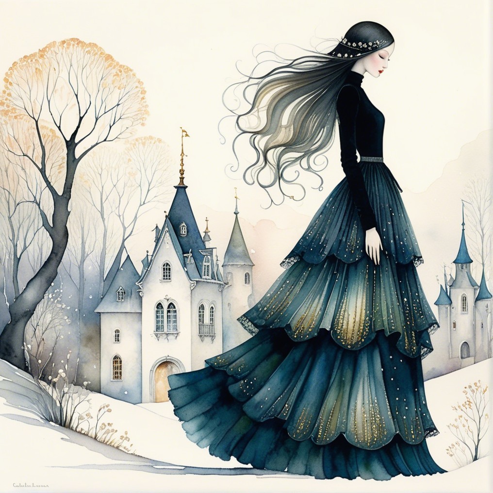 Elegant woman in black and teal gown by castle