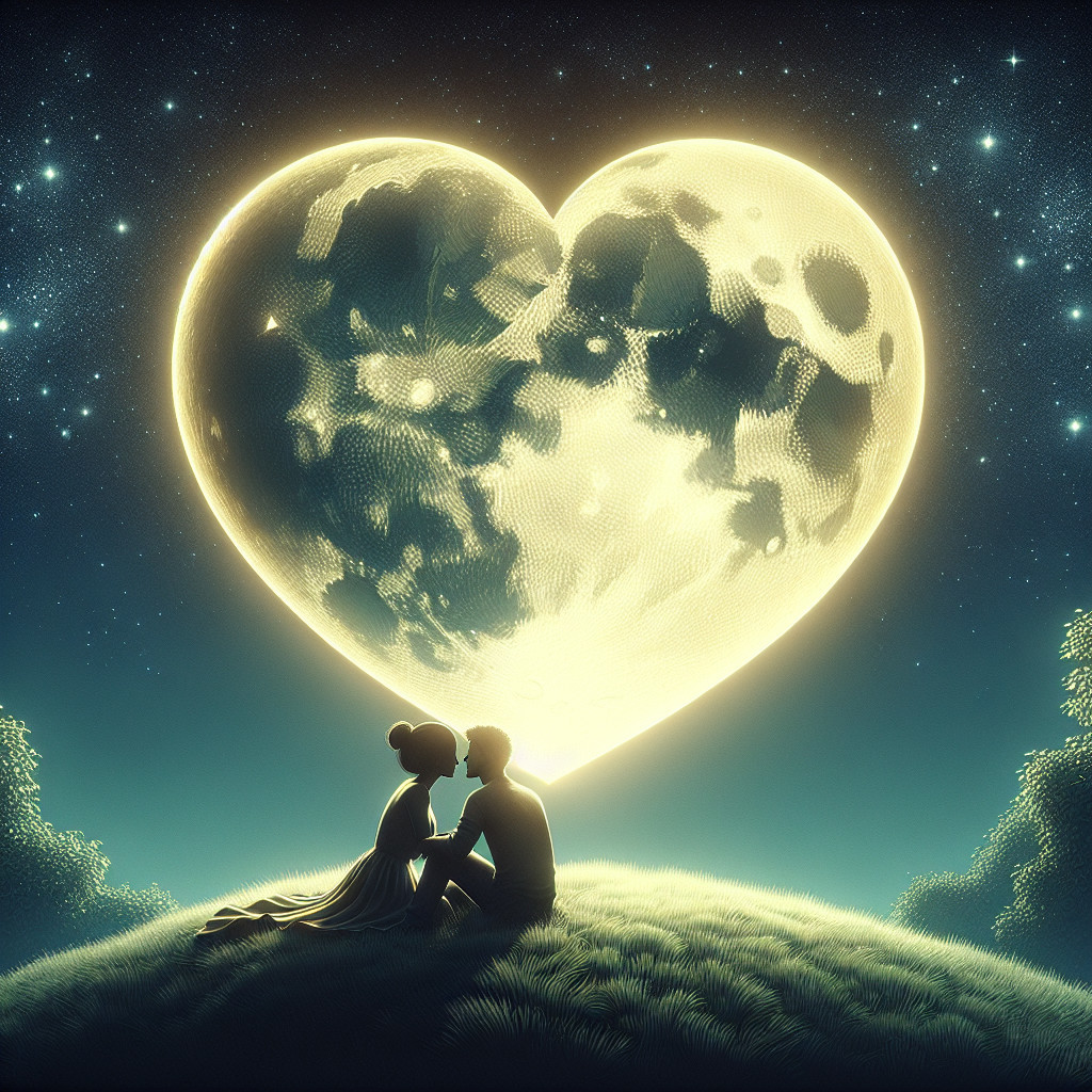 Couple Under Starry Sky with Heart-Shaped Moon