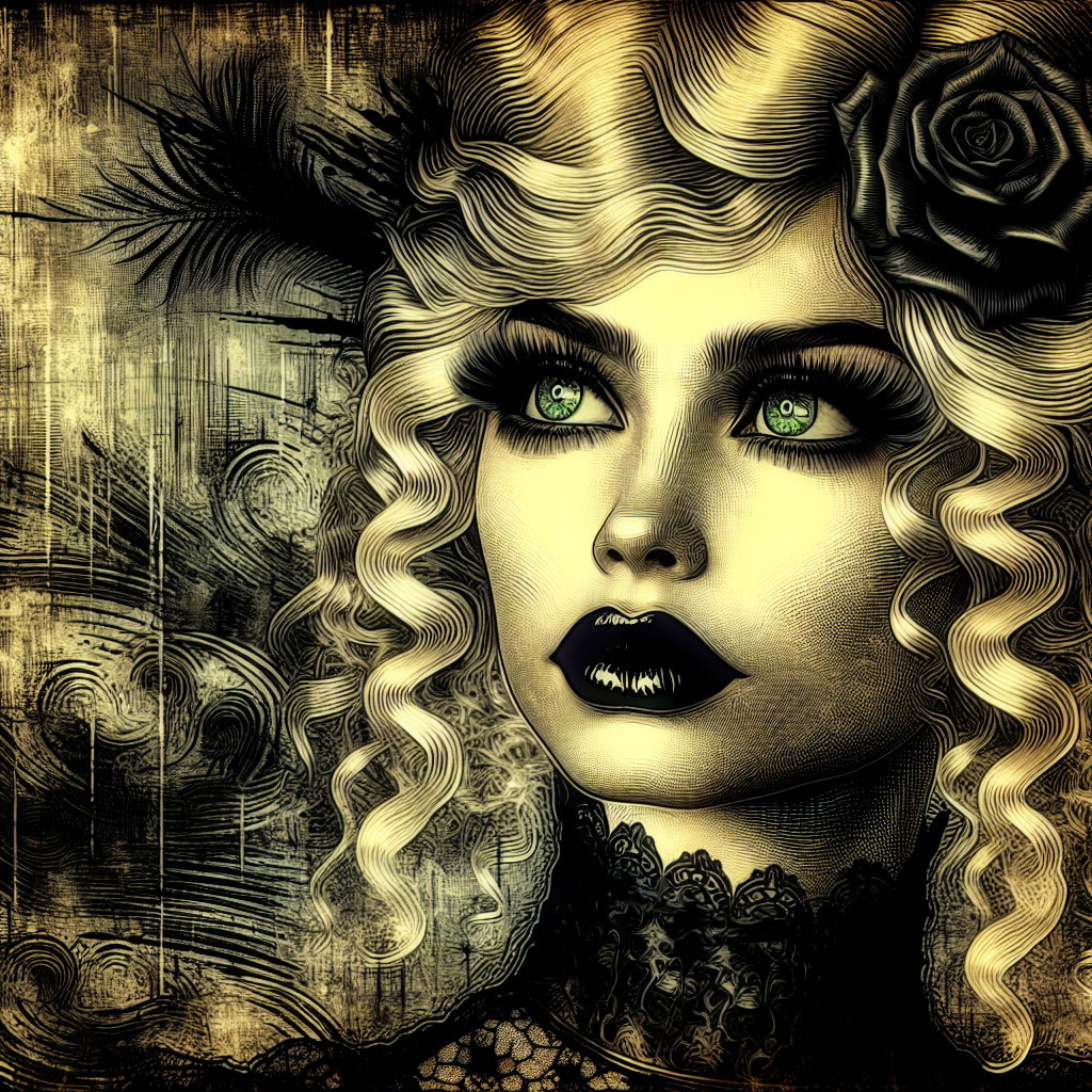 Striking Female Figure with Blonde Hair and Dark Rose