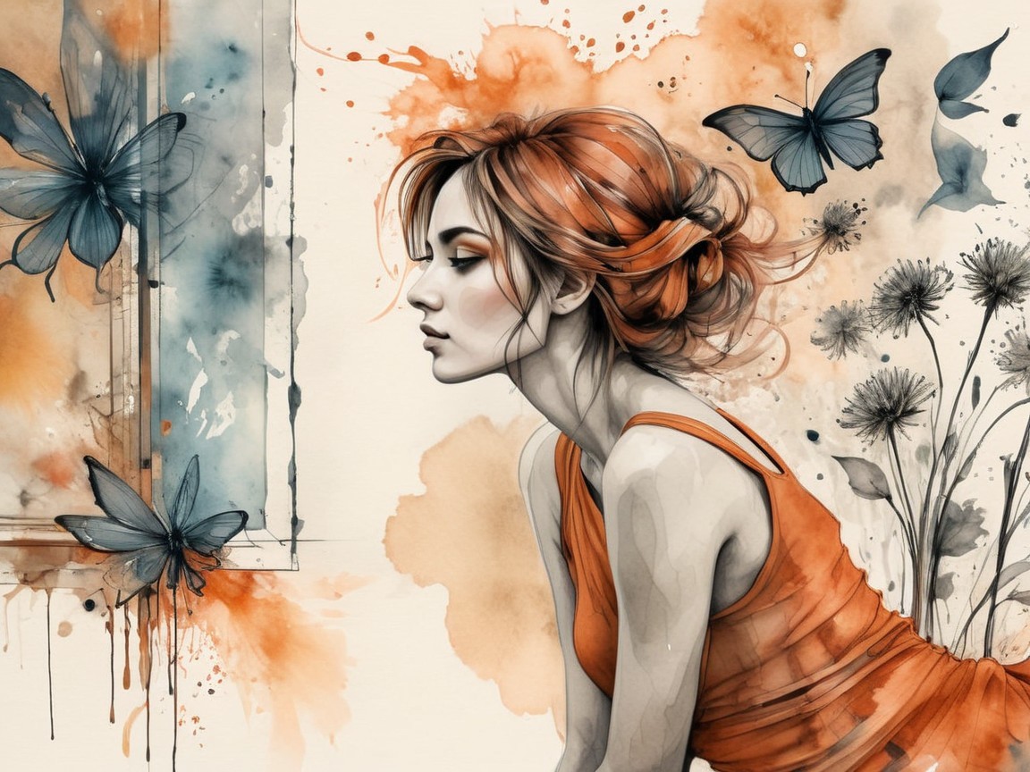 Contemplative Young Woman in Orange Dress Artwork