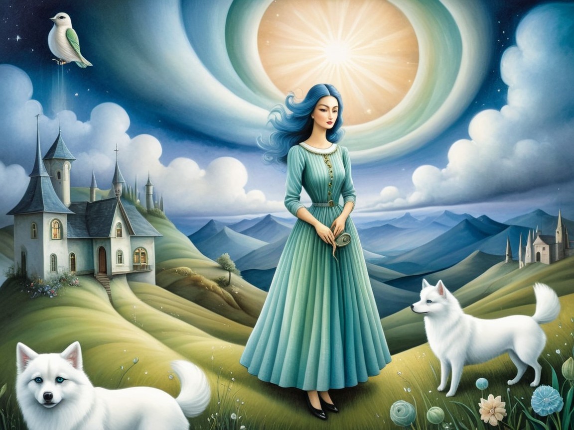 Woman in teal dress on hillside with white dogs