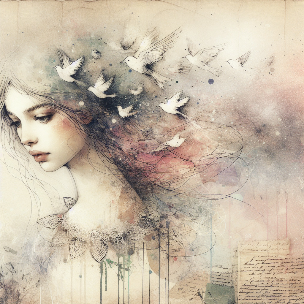 Mixed Media Artwork of Sad Young Woman with Birds