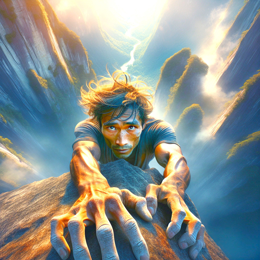 Climber Ascending Sheer Rock Face Under Sunlit Sky