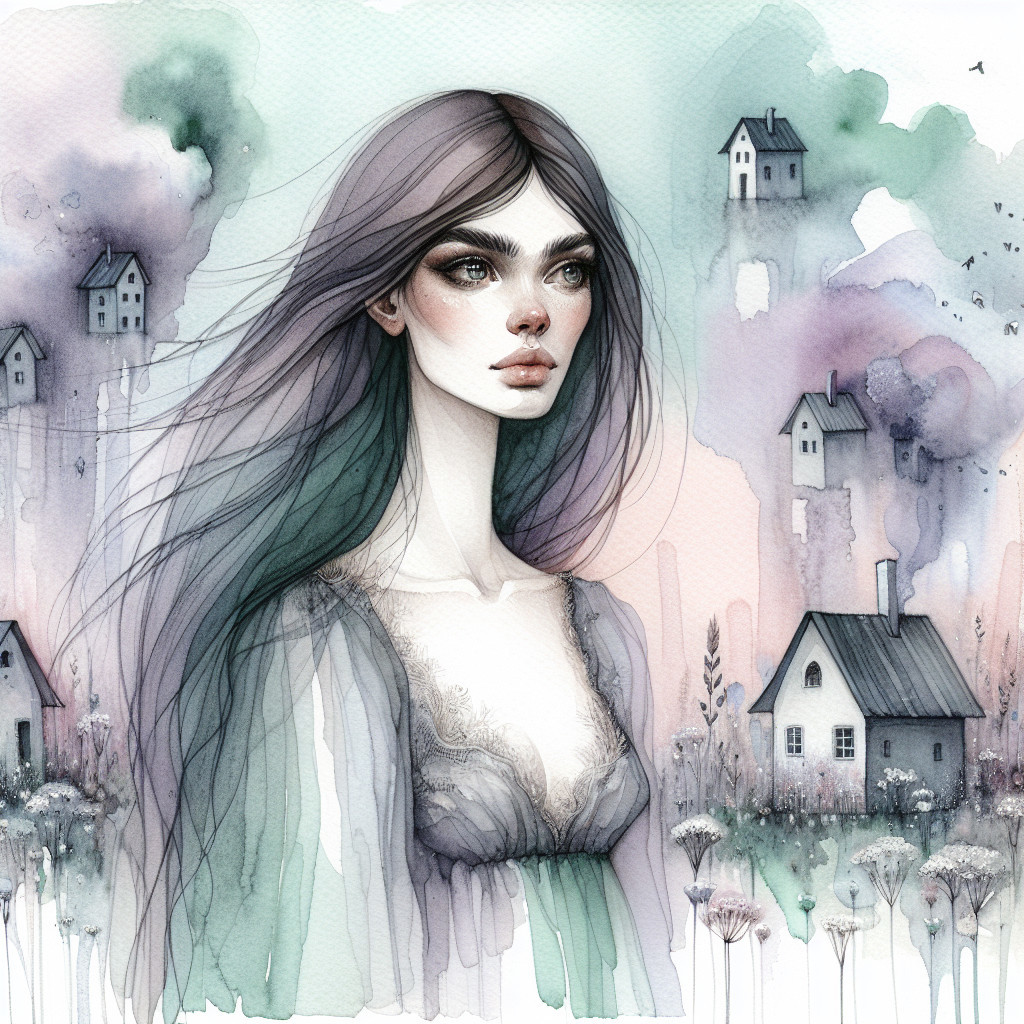 Whimsical Watercolor of a Young Woman in Pastel Landscape