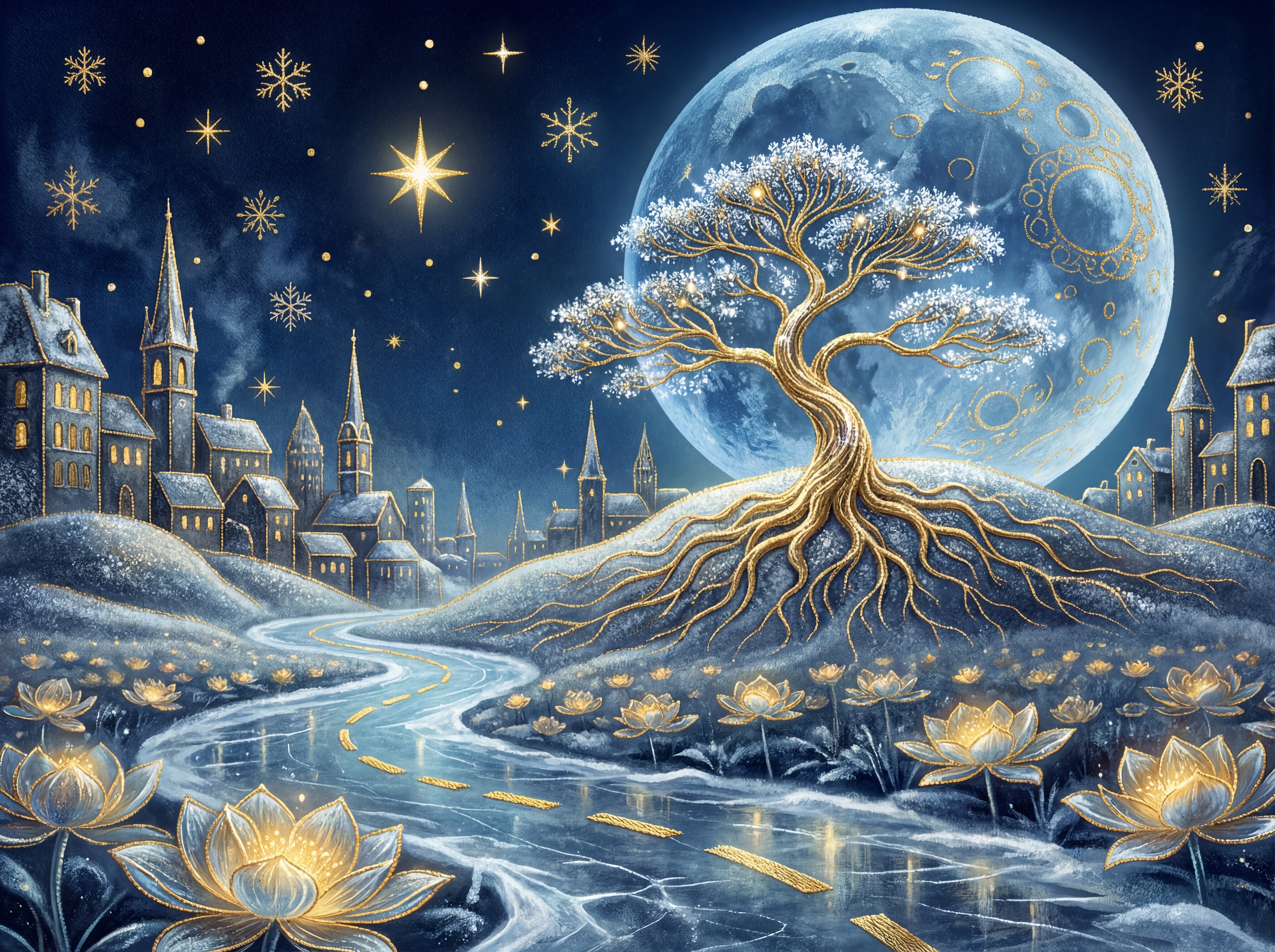 Ornate Winter Night Scene with Moonlit Landscape