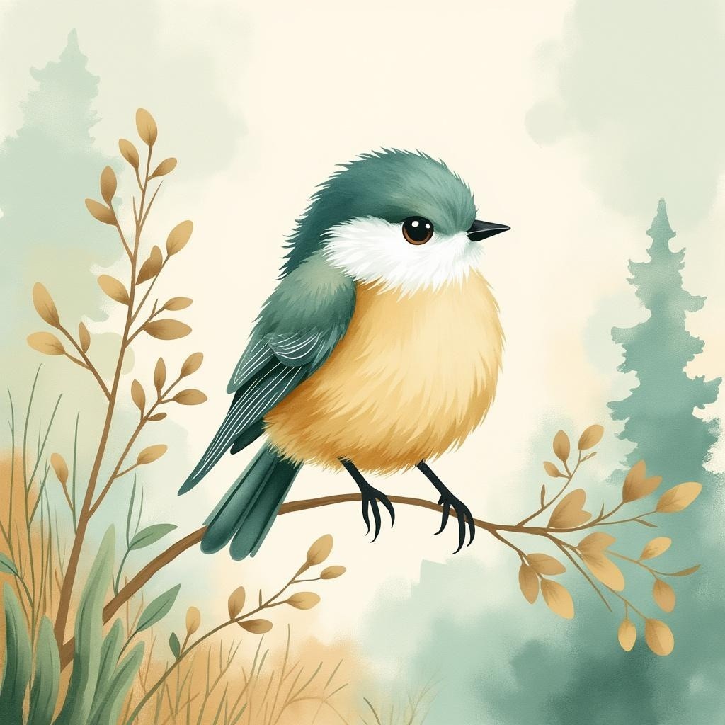 Illustration of a Cute Bird on a Leafy Branch