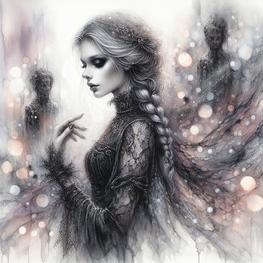 Ethereal Woman in Black Lace Surrounded by Ghostly Figures