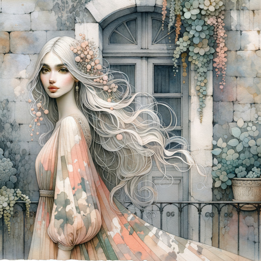 Ethereal Figure with Silver Hair Against Stone Wall