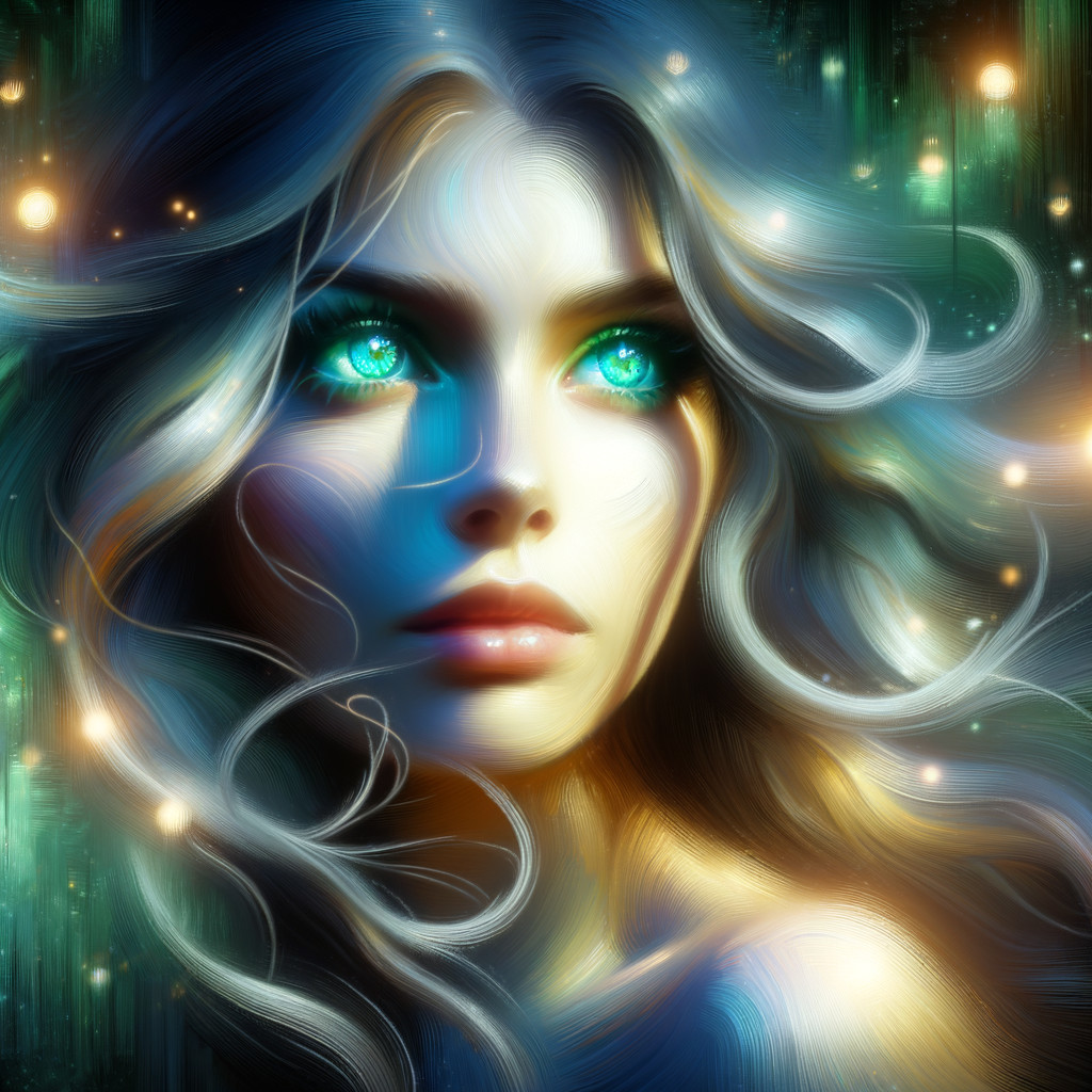 Ethereal Woman with Turquoise Eyes in Mystical Setting