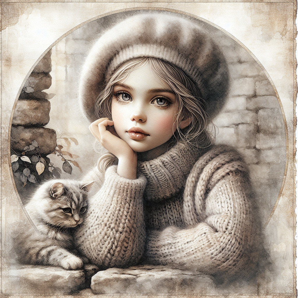 Young girl with cat in cozy setting and soft features