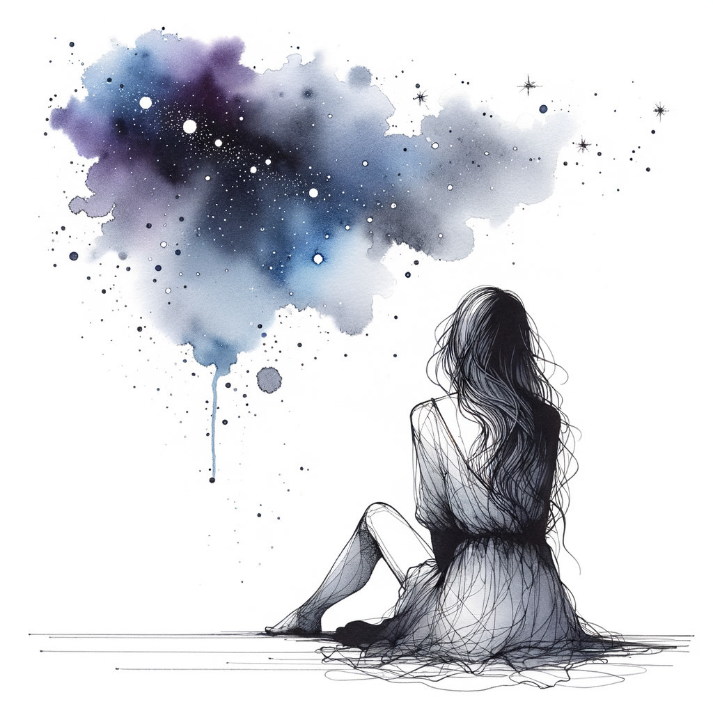 Silhouette of a figure against a galaxy watercolor backdrop