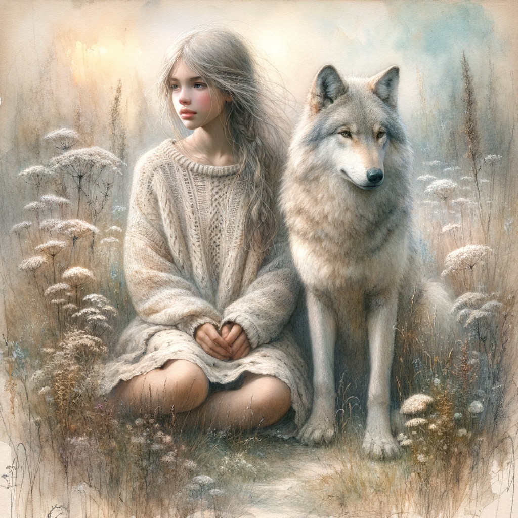 Young girl and wolf in serene landscape setting