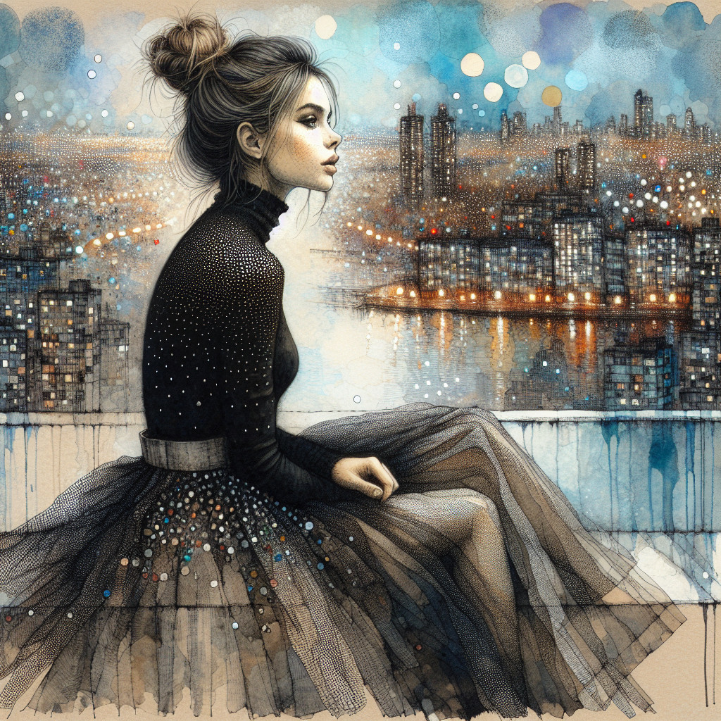 Young woman on balcony with city skyline at night