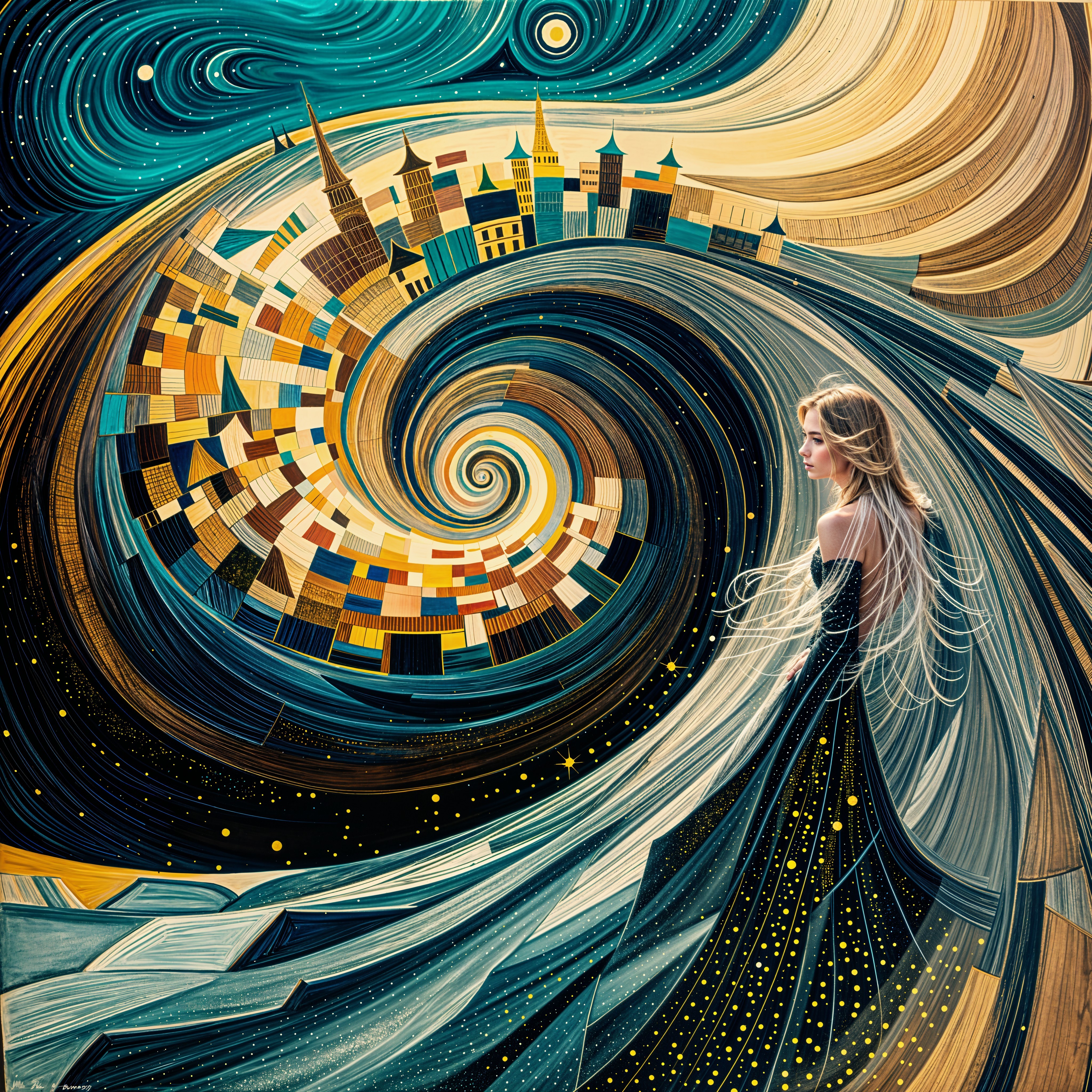 Whimsical Scene of a Woman in a Starry Cityscape