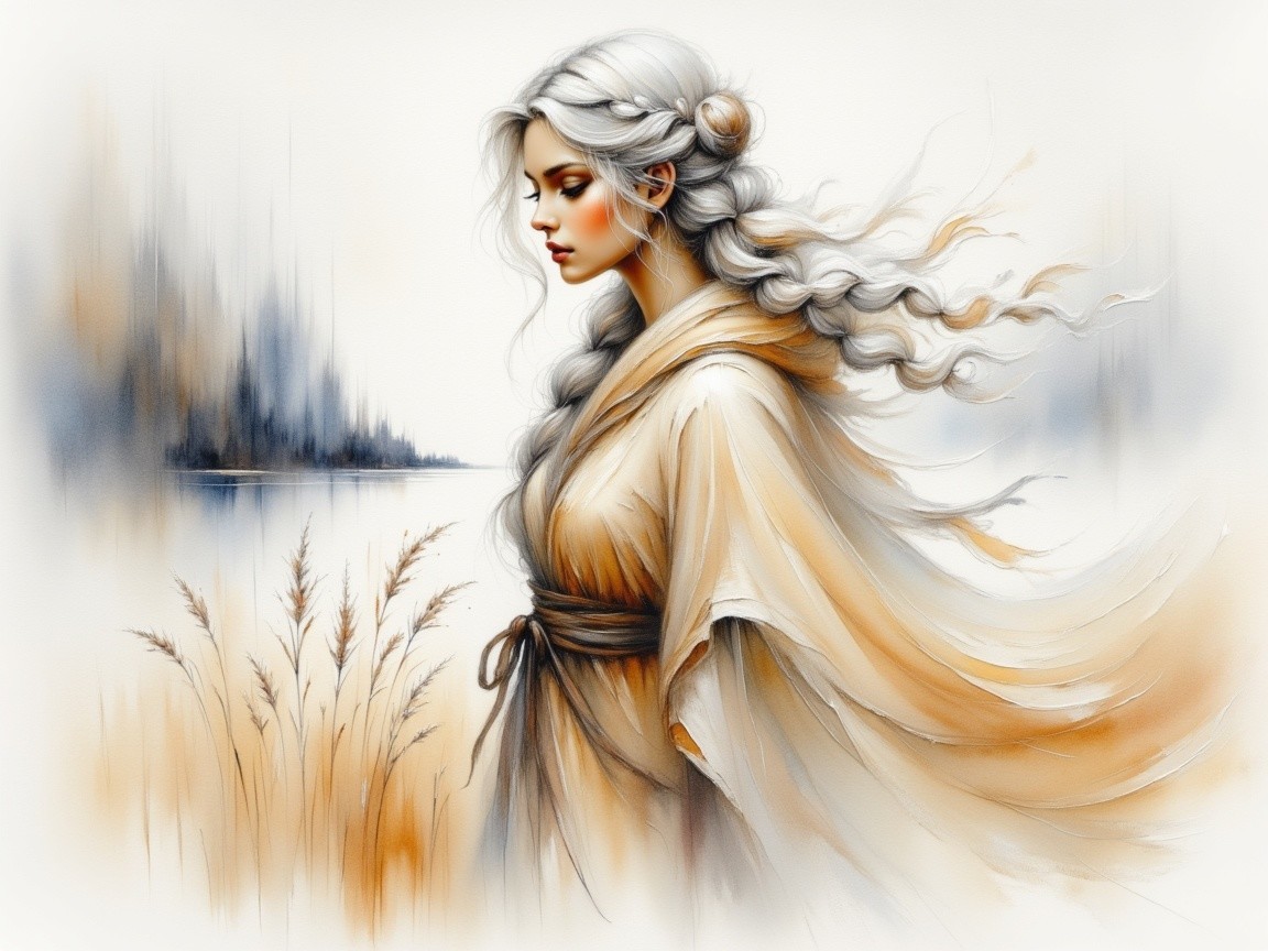 Serene Woman by Calm Lake in Earthy Robe