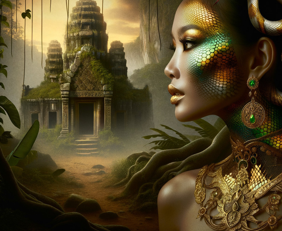 Portrait of a woman with gold jewelry and painted scales