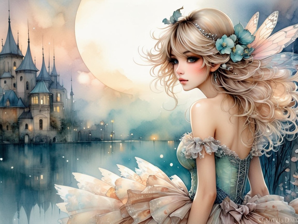 Fairy by Shimmering Lake with Castle and Moonlight
