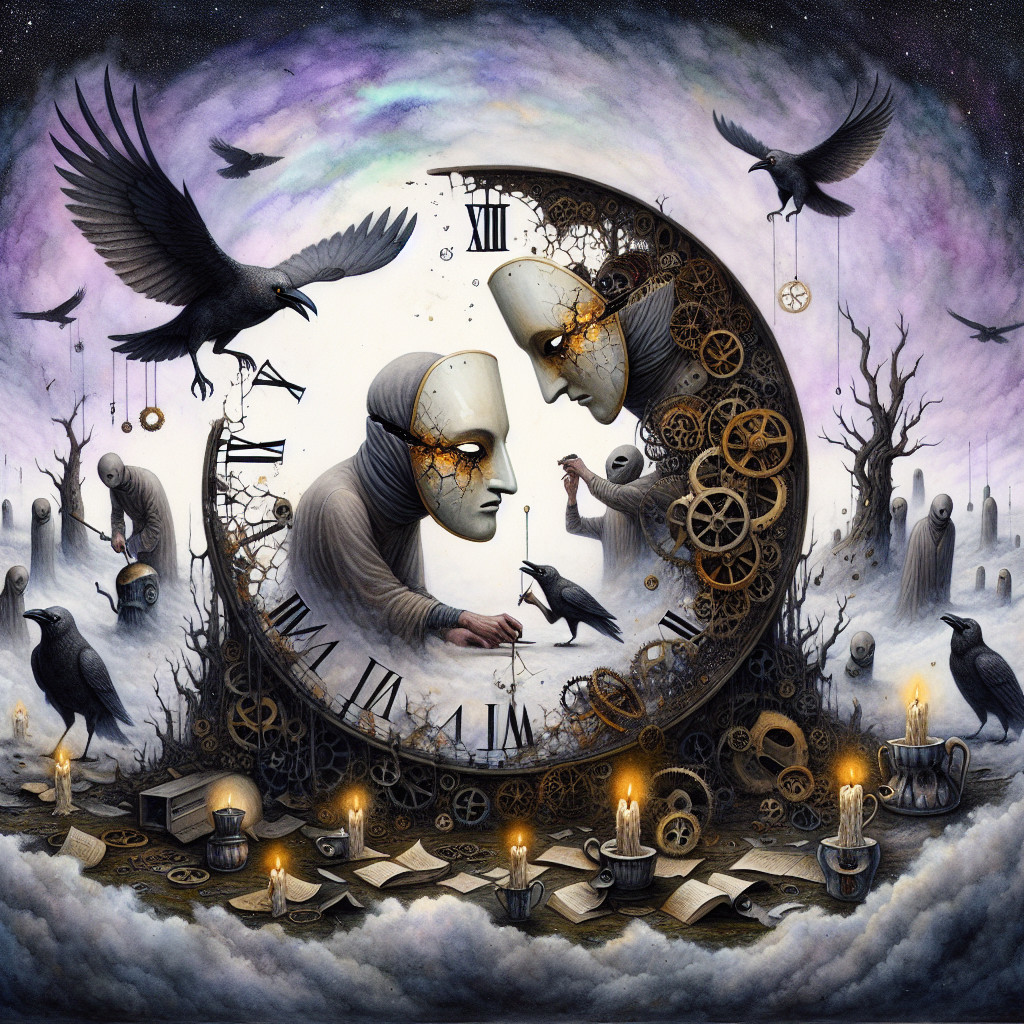 Surreal Scene with Masked Figures and Timepieces