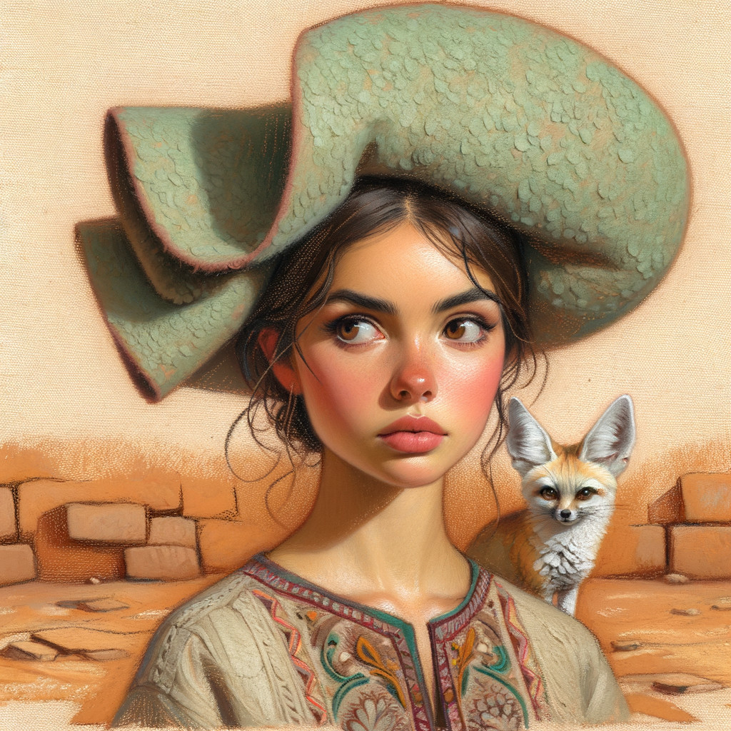 Young woman in embroidered blouse with a fox in desert