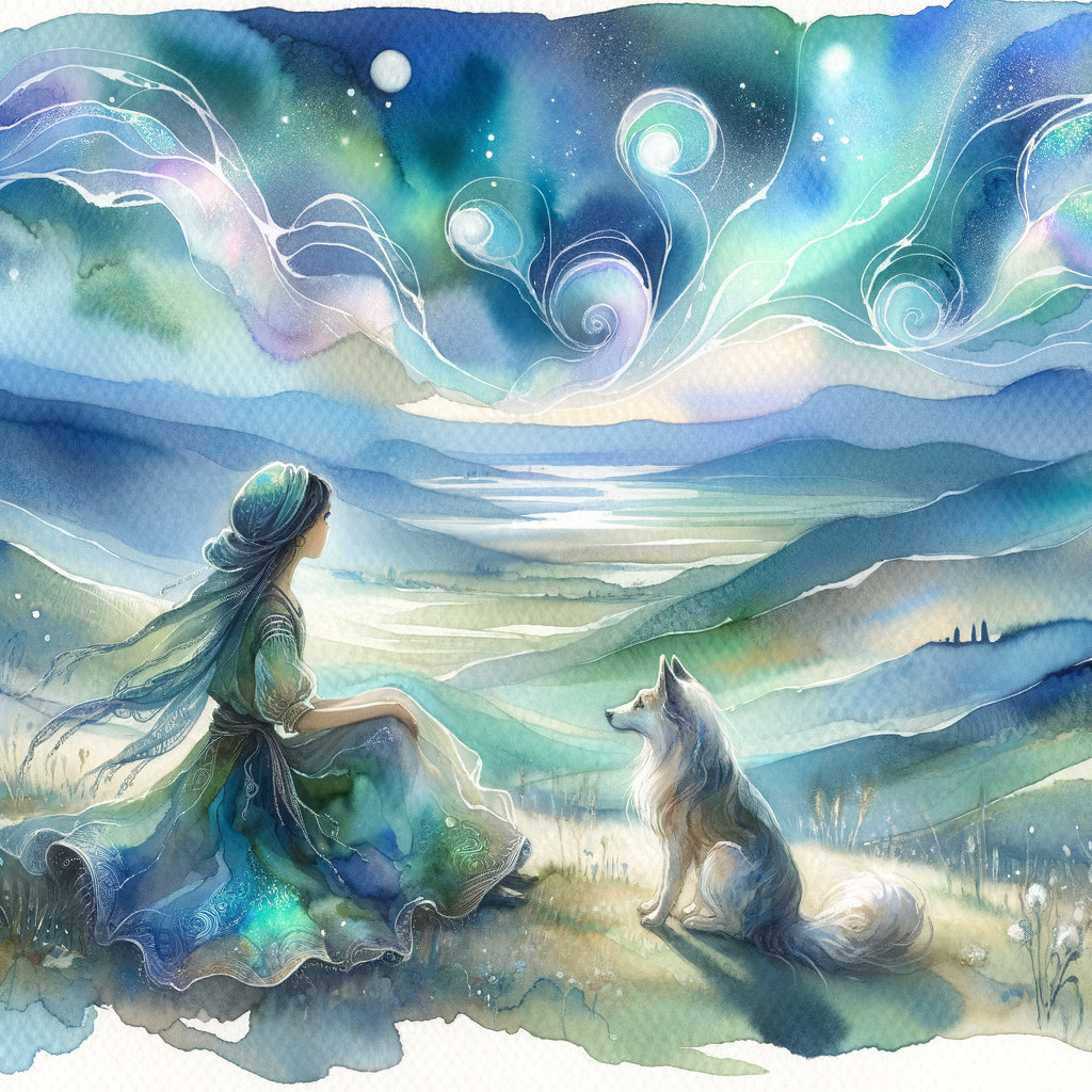 Young Woman and Dog Enjoying a Starry Night Sky
