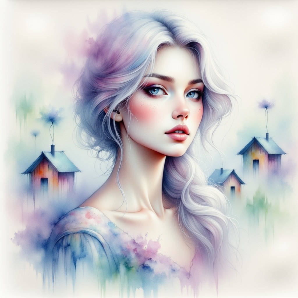 Ethereal Woman with Silver Hair in Dreamy Landscape