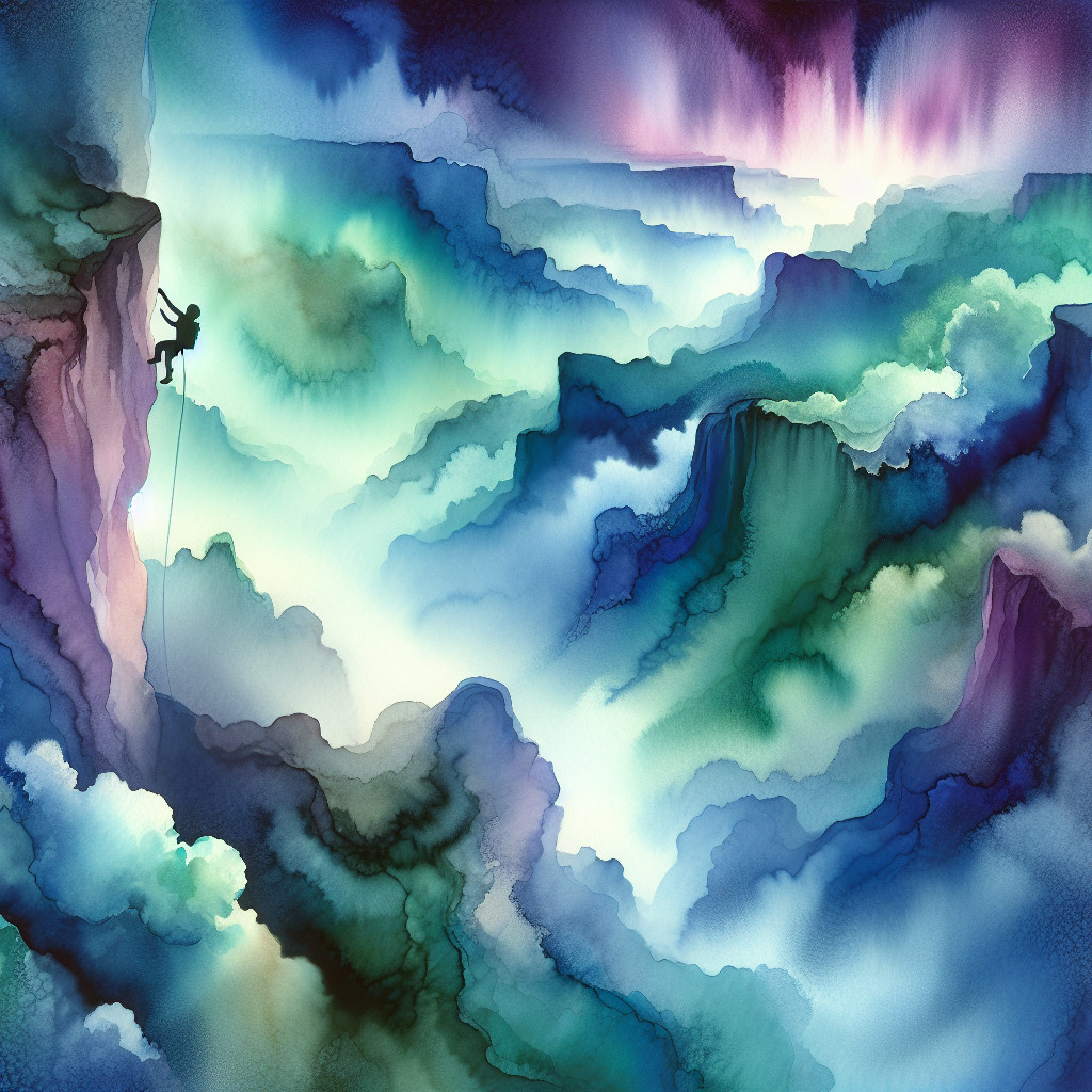 Climber on Steep Cliff in Ethereal Landscape