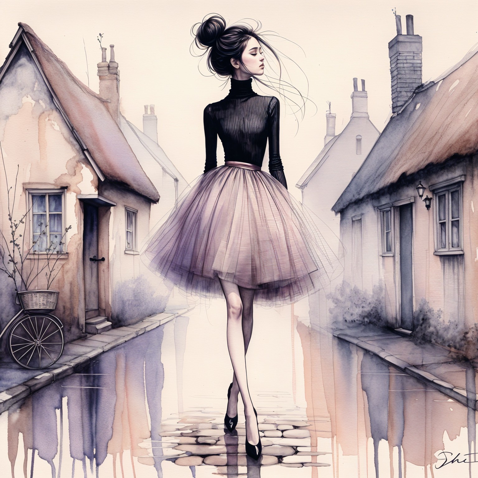 Young Woman in Tulle Skirt on Cobblestone Path