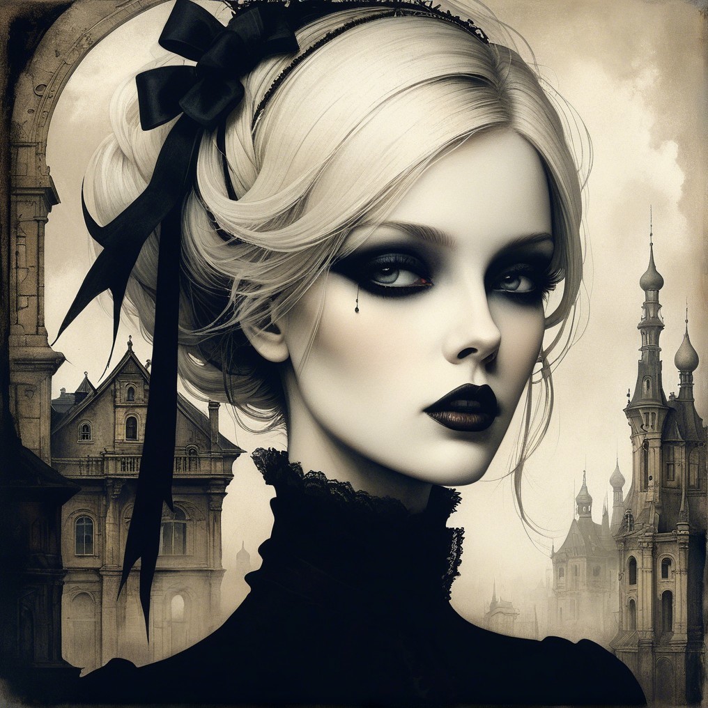 Striking Woman in Gothic Setting with Elegant Attire