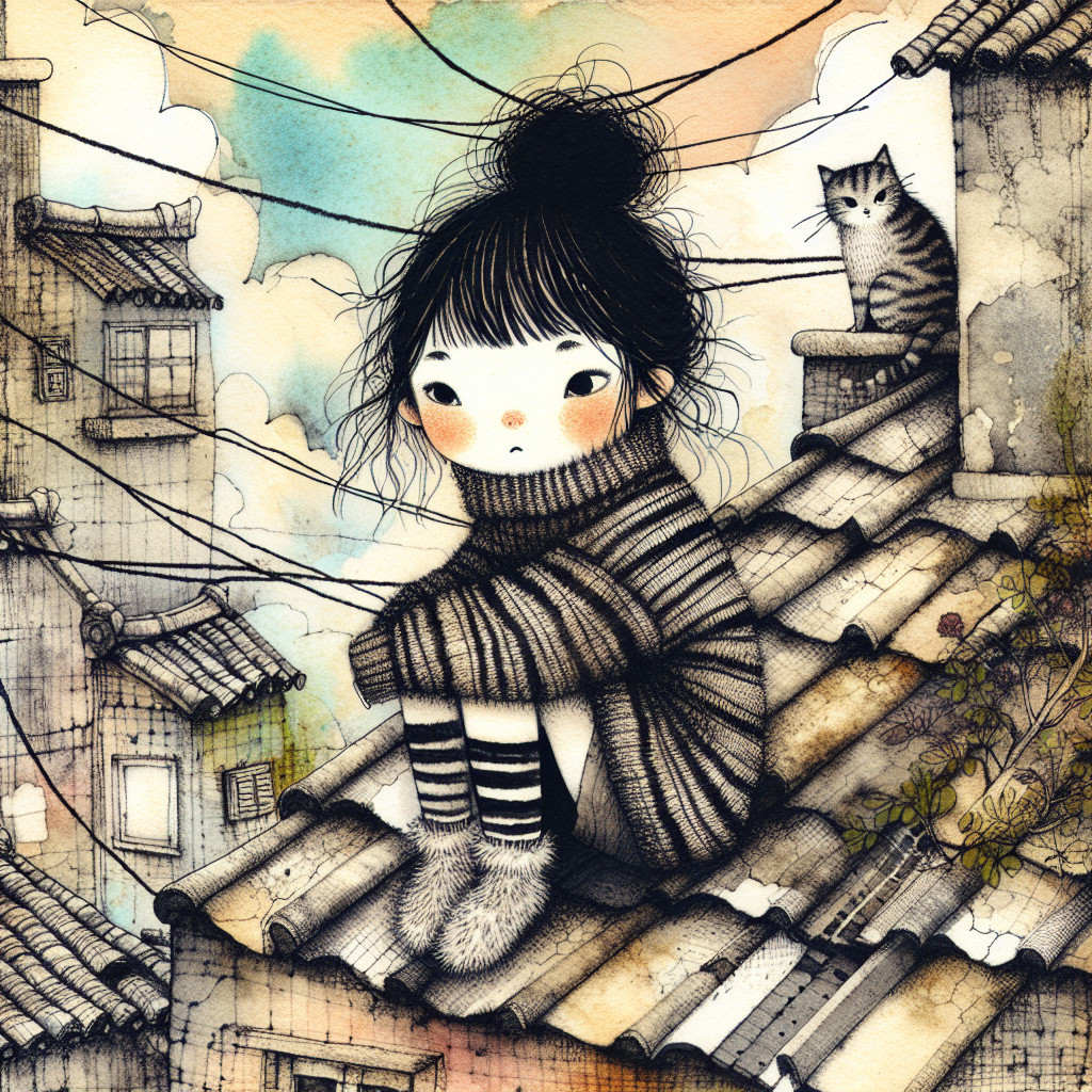 Whimsical Illustration of a Girl and Cat on Rooftop