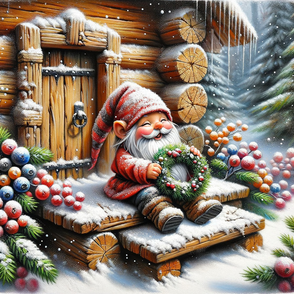 Cheerful gnome with wreath on snowy doorstep scene
