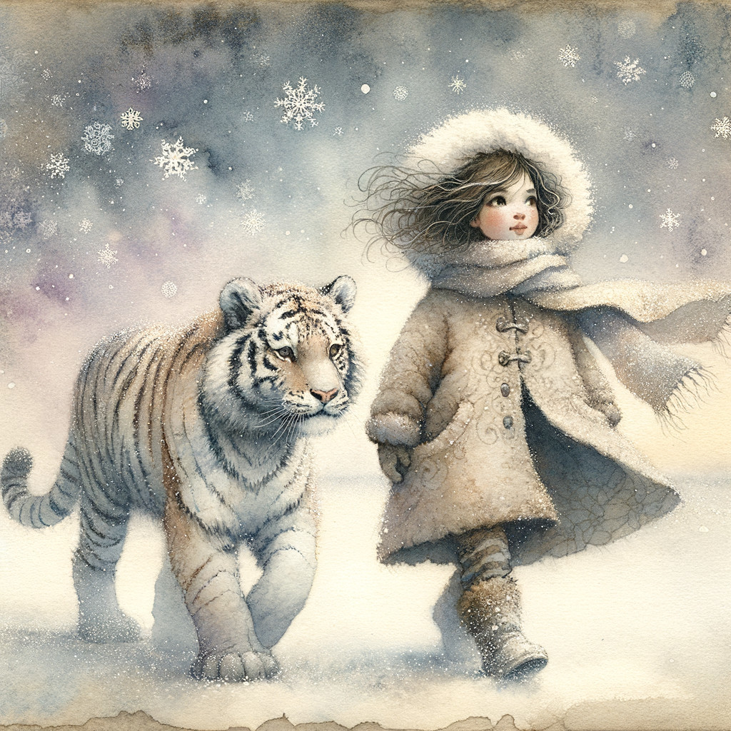 Whimsical Snowy Landscape with Girl and White Tiger